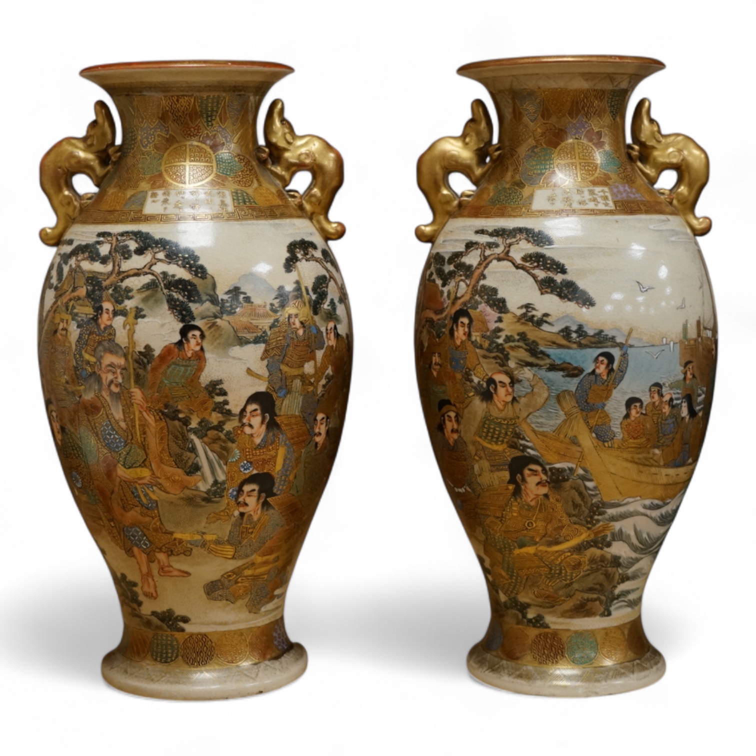 A pair of Japanese Satsuma pottery vases, Meiji period, 31cm high
